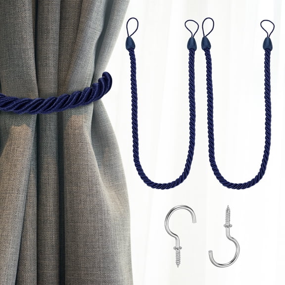 Uxcell 2 Pack Curtain Tiebacks, 74cm/29" Braided Drapery Holdback Holder Decorative Rope Tie Back with Metal Screw Hooks for Home Office Decor, Navy Blue