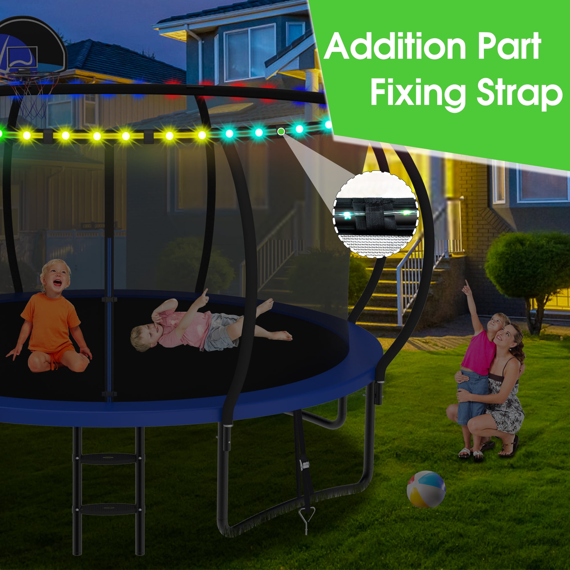 XMIKA 12FT Trampoline with Enclosure, Basketball Hoop, Ladder, Outdoor Trampolines, Heavy Duty Galvanized Full Spray Round Backyard Trampoline for Adults and Kids, 1200lbs Loading, Blue