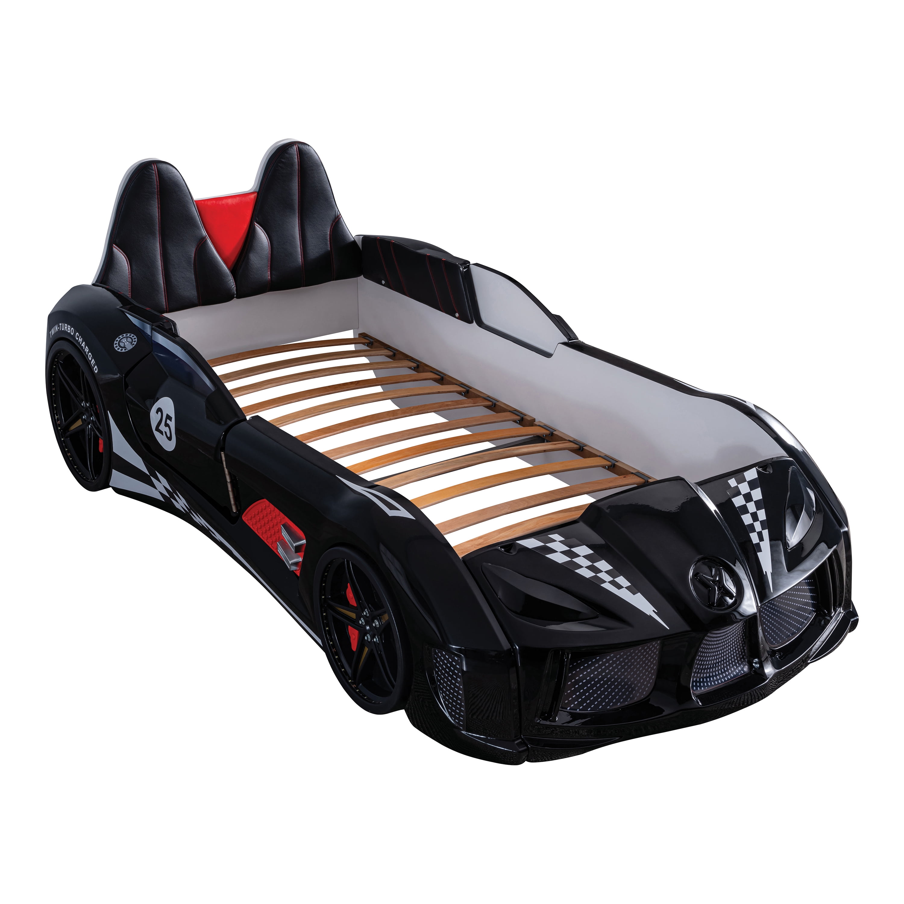 Furniture of America Dash Kids Plastic Twin Race Car Bed with LED and Sound, Black