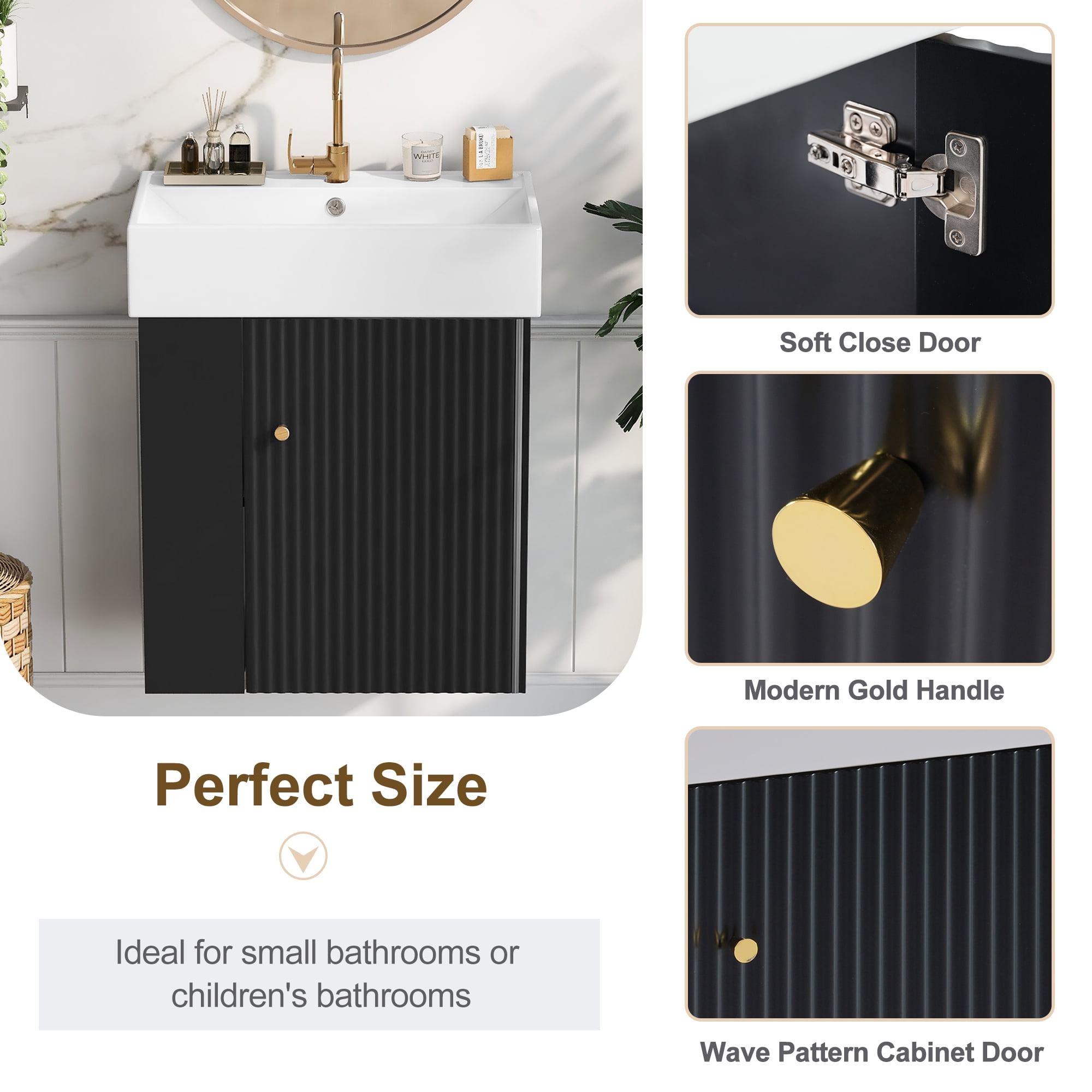 Euroco 21.6 inch Modern Floating Bathroom Vanity with Ceramic Basin - Perfect for Small Bathrooms, Left side storage