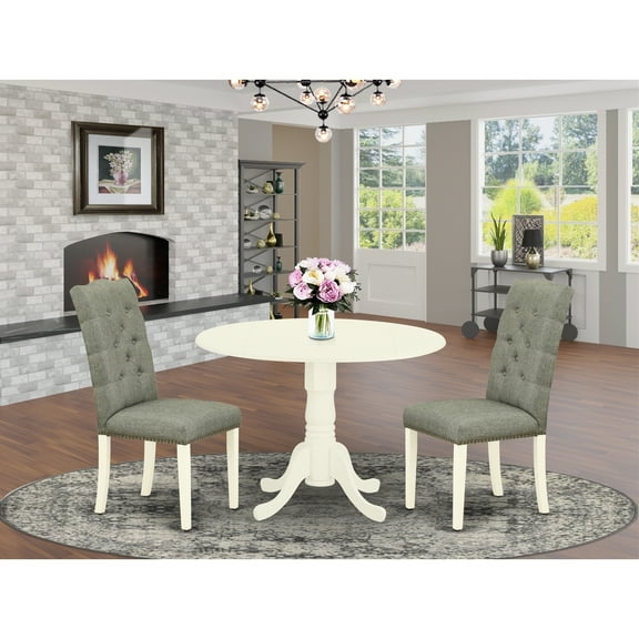 Round Kitchen Dining Table Set - 3 Piece Wood Table & Chairs - Linen White Finish