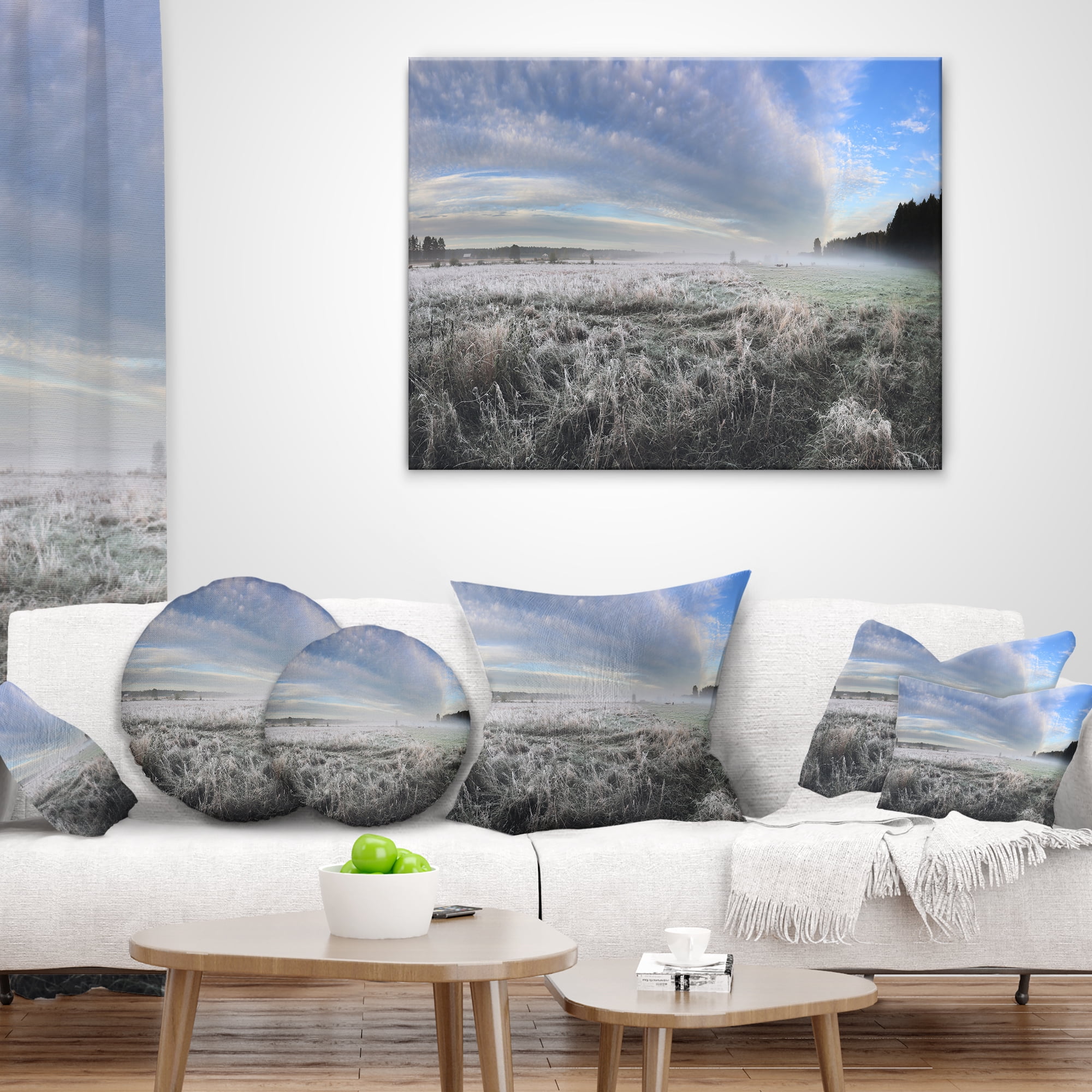 Designart Hoarfrost on Grass under Cloudy Sky - Landscape Printed Throw Pillow - 18x18