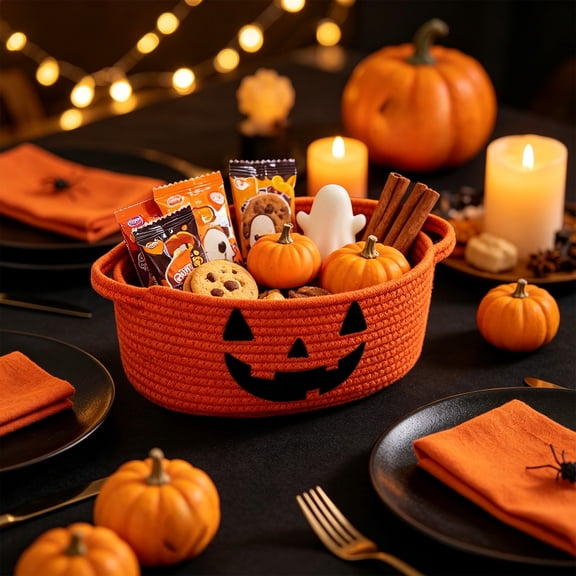 Halloween Candy Basket Cotton Rope Handheld 9.1x7.1x2.4in with Ghost Decor for Kids Trick or Treat Party by OVFUIZ