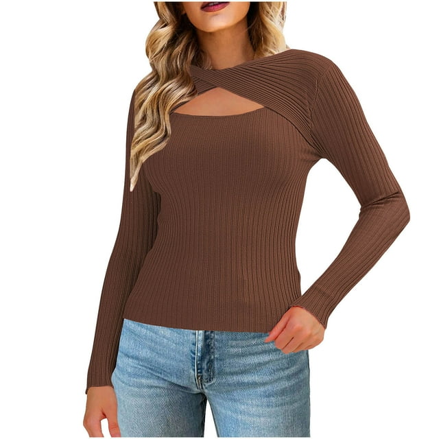 Timegard Hauts de Sortie pour Femmes Découpés Nœud Ajustés Confortables Hauts en Tricot Décontractés Manches Longues Mode Automne