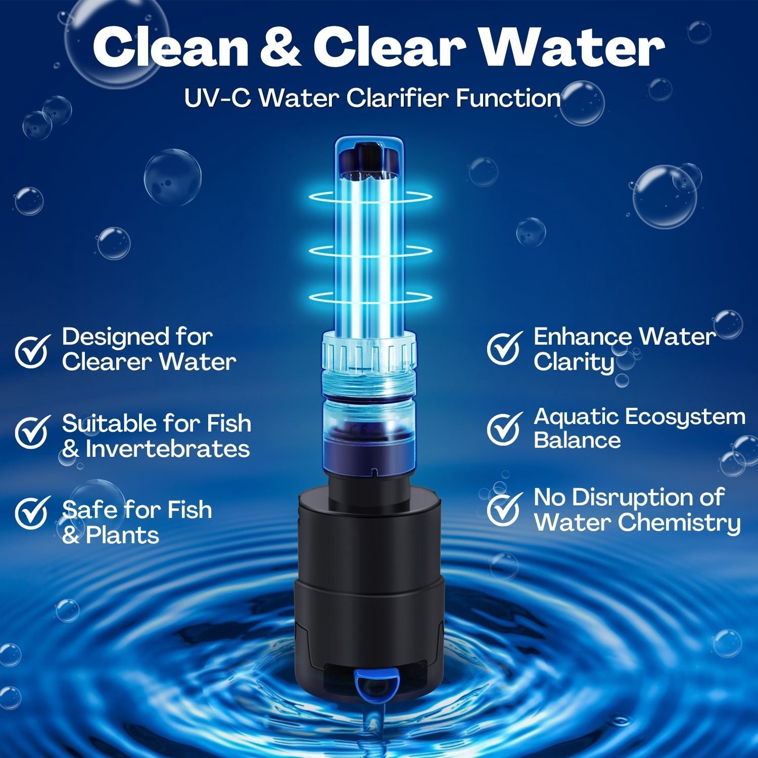 UV for Aquarium - 4-in-1 Aquarium Water Filter Pump & UV Light for Fish Tank, Fully Submersible with Quartz Bio-Balls, Suitable for Fresh & Saltwater UV Needs - Black