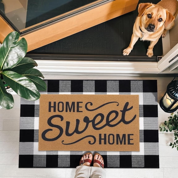 Buffalo Plaid Rug 4' x 6' – Black and White Cotton Checkered Doormat, Washable Indoor Outdoor Rug for Layered Front Porch, Kitchen, Entryway Decor