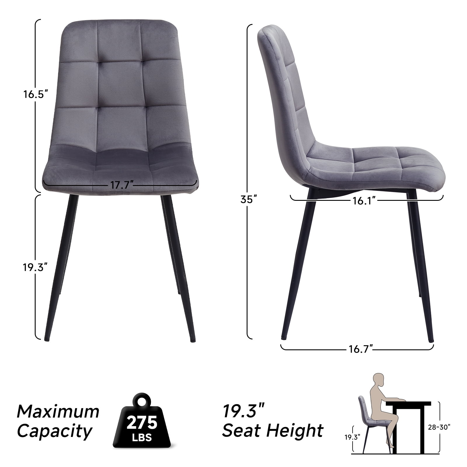 Set of 4 Velvet Dining Chairs - Mid Century Modern Dinning Chair, Upholstered Cushion Seat, Square-Patterned Backrest, Grey, Dinner Chairs with Metal Legs for Dining Living Room, Bedroom