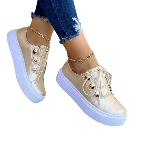 

Women s Lace Up Shoes Round Head Platform Casual Shoes Simple and Fashionable 35 Gold