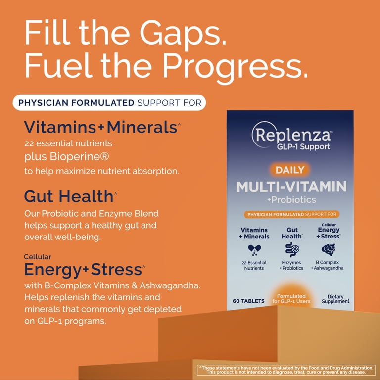 replenish glp-1 Replenza GLP-1 Support, Multivitamin Probiotic, 22 Essential Nutrients,  Promotes Gut Health and Cellular Energy, 60 Tablets