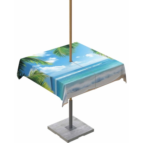 Outdoor Tablecloth with Umbrella Hole & Zipper, Beach Ocean Waves Square Tablecloth 60x60 Inch, Summer Tropical Palm Tree Leaves Patio Table Cover Waterproof Table Cloth for Picnic/Party