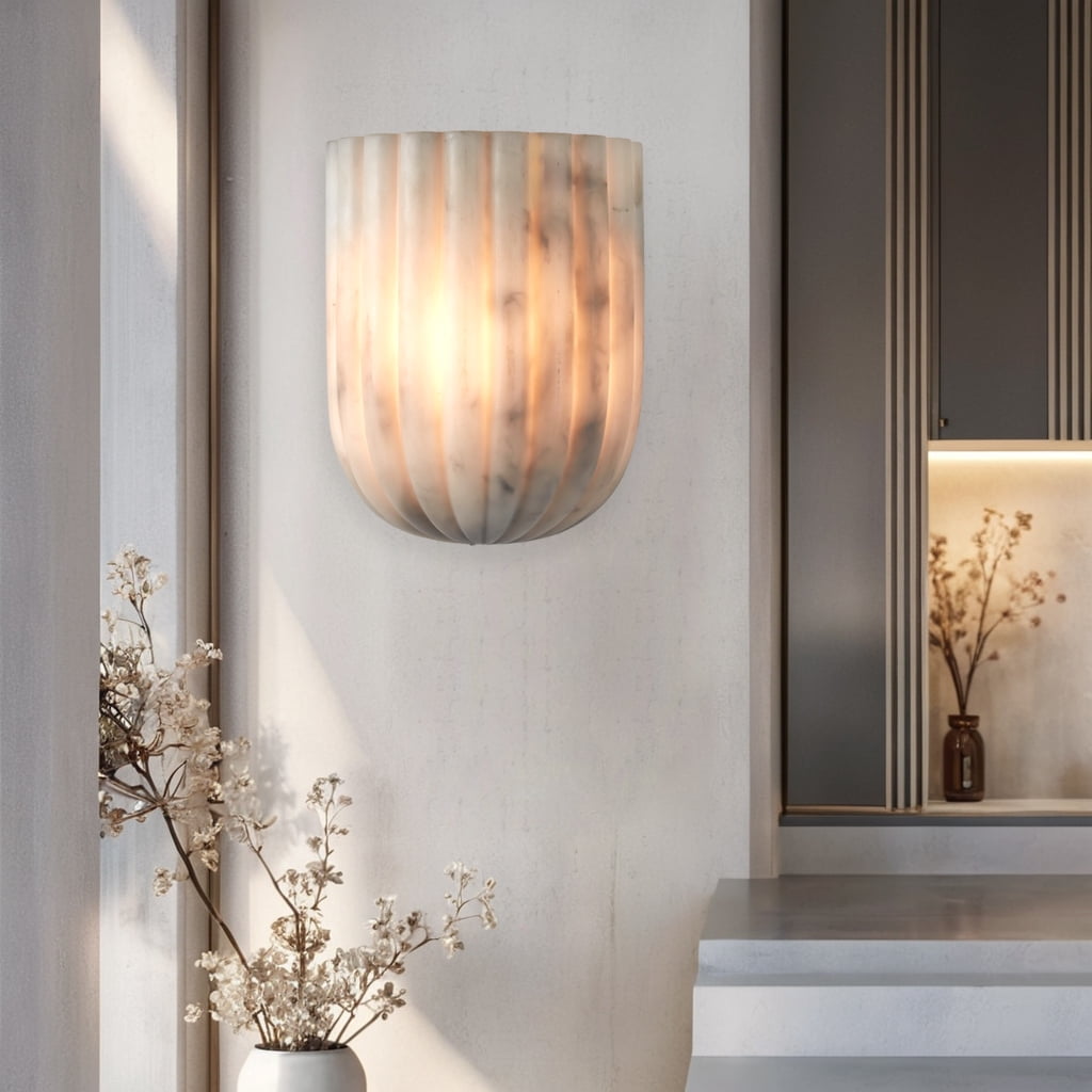 Elegant Faux White Marble Sconce, Modern Resin Wall Mounted Light with Brass Finish for Bathroom, Living Room, Hallway, Stairway