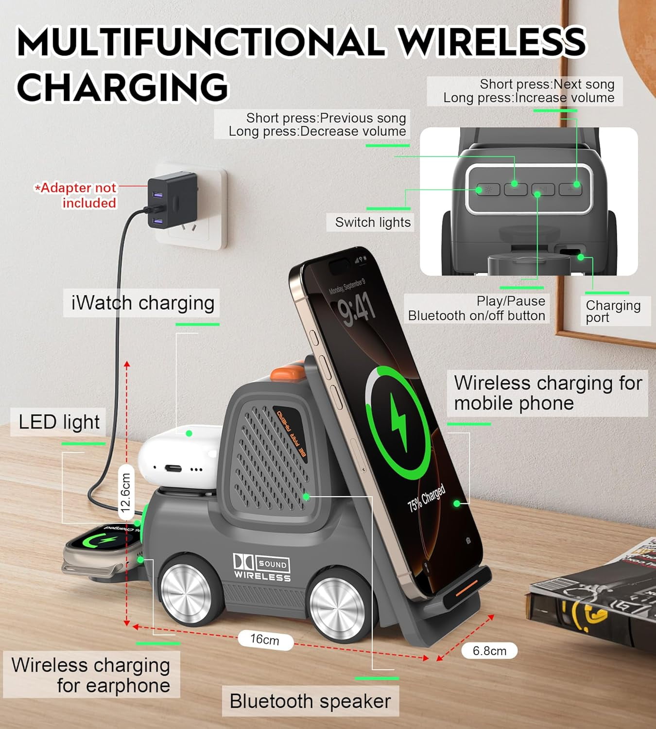 Forklift Wireless Charging Station with Bluetooth Speaker, 4 in 1 Wireless Fast Charger Multiple Devices, Compatible with iPhone16 15 14 13 Pro Max Series, Apple iWatch, Airpods, Android Phones