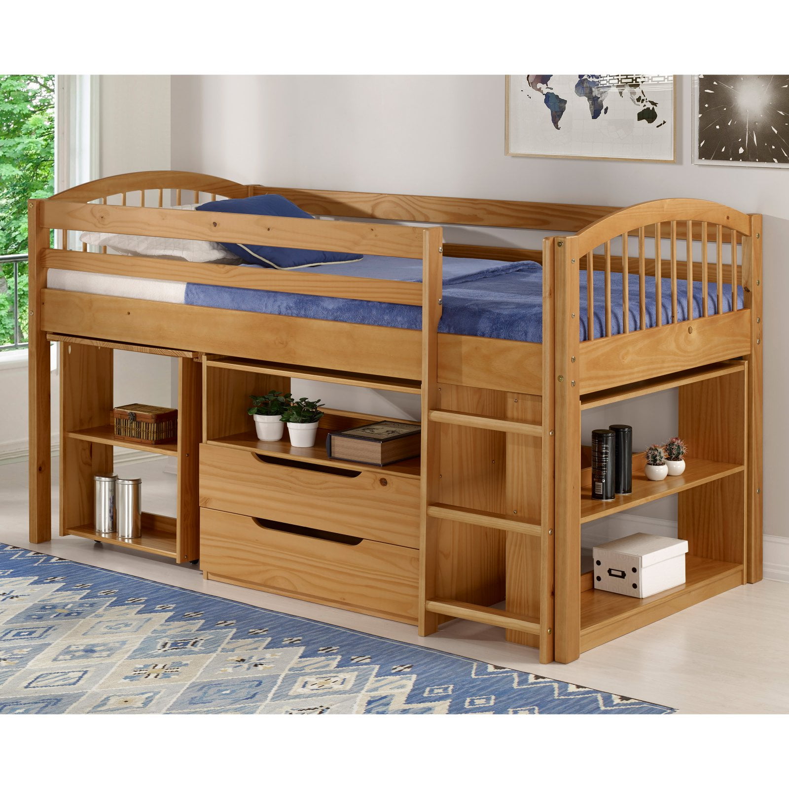 Addison Wood Junior Loft Bed with Storage Drawers, Bookshelf, and Desk