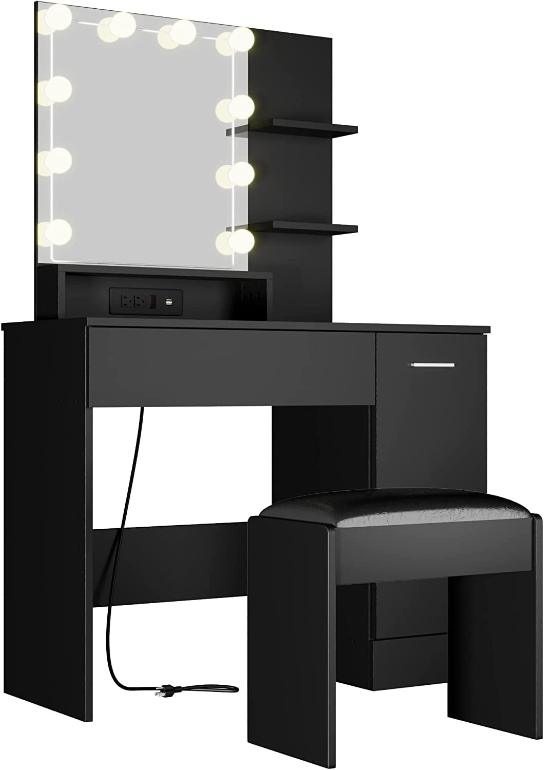 Cozy Castle Black Vanity Desk with Charging Station and Drawer, Makeup