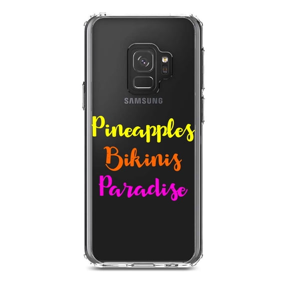 DistinctInk Clear Shockproof Hybrid Case for Samsung Galaxy S9 (5.8" Screen) - TPU Bumper Acrylic Back Tempered Glass Screen Protector - Pineapples Bikinis Paradise