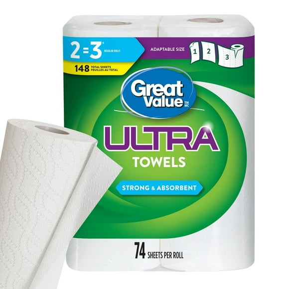 Great Value Ultra Essuie-tout, 2 équivalant à 3 rouleaux