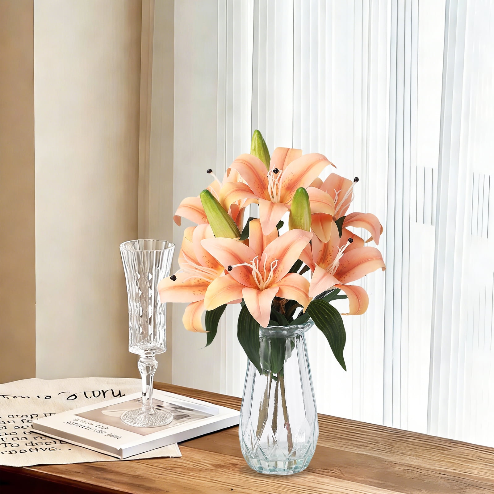 6 Pcs Artificial Tiger Lily Real Touch Easter Lily Fake Spring Flowers with Vase, for Indoor Outdoor Home Decor, Wedding Centerpieces, Cemetery Memorial Flowers