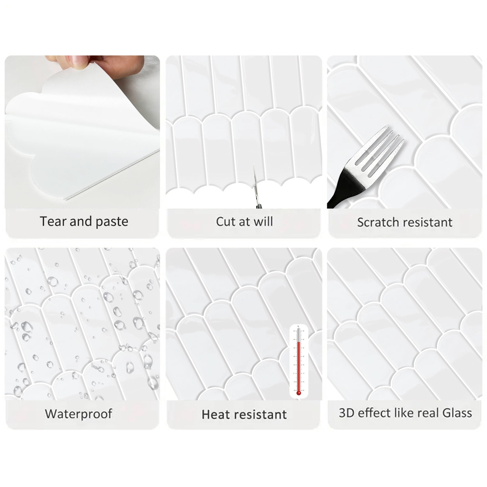 DEWOO 10-Sheet Upgraded Thicker Peel and Stick Kitchen Backsplash Tiles,Waterproof Self-Adhesive Vinyl Wall Tile Fish Scale Mosaic Design,for Bathroom,Fireplace and RV(White,12"×12")