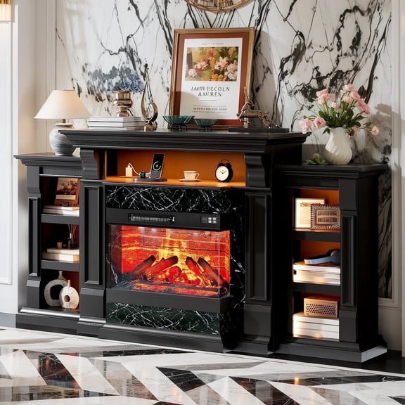 Holliwill 3-Sided Glass 72" Fireplace TV Stand for TVs up to 80", Electric Fireplace with Mantel, Entertainment Center TV Console with Charging Station & LED Lights for Living Room, Black