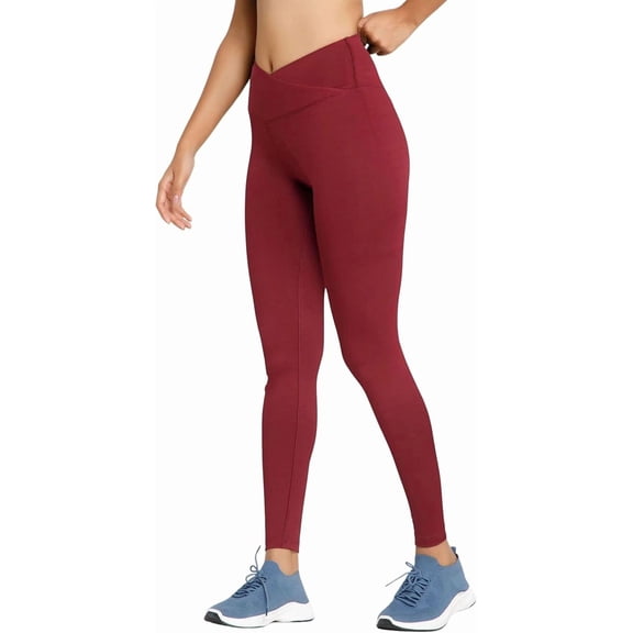 RIYU Crossover High Waisted Leggings Women's Yoga Pants Workout Clothes for Gym Activewear for Petite Sizes Wine Large
