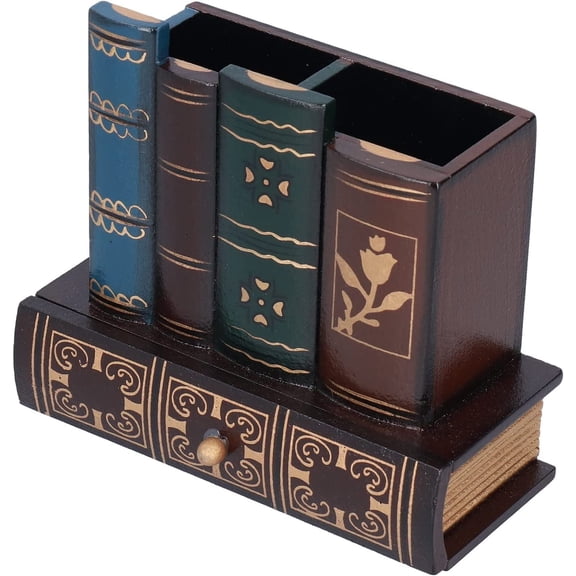 Vintage Pen Pencil Holder Cup, Decorative Library Books Design Wooden Office Supply Caddy Pencil Holder Organizer with B