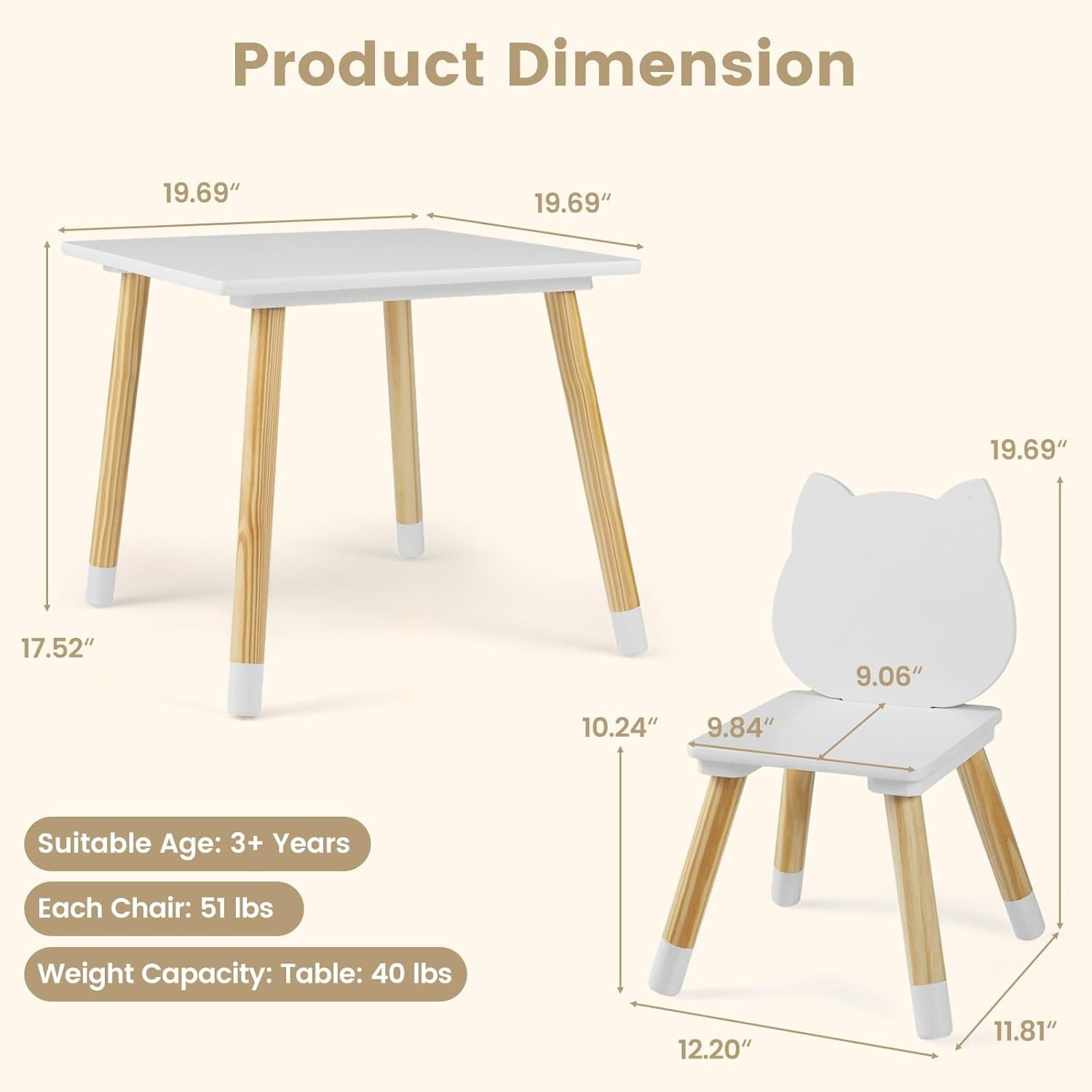 INFANS Kids Table and Chair Set, Wooden Toddler 3-Piece Desk for Playing Eating Drawing Reading Art Crafts, Ideal Children Furniture for Kindergarten Classroom