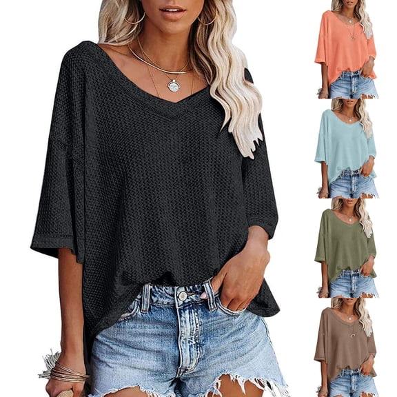 Brqkzdu Summer Waffle Knit Tops Women Dressy Casual V Neck T Shirts Short Sleeve Loose Fit Oversized Shirts Solid Lightweight Basic Tees