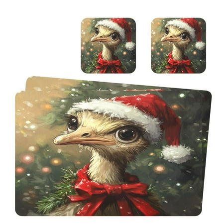 

Wobogo Ostrich with Christmas Elements Placemats Coasters Set of 2 Heat-resistant Non-slip Easy to Clean Square Dinner Plate Mat