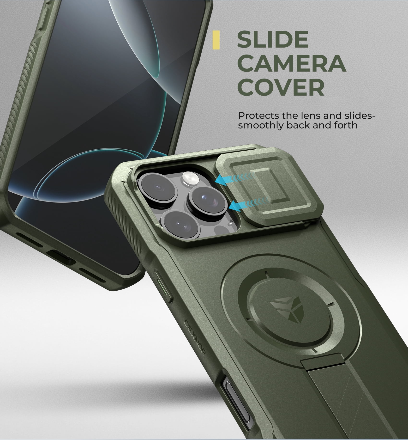 Dexnor Shielder Series for iPhone 16 Pro Max Case with Slide Camera Cover & Adjustable Kickstand,Compatible with MagSafe Rugged Shockproof Bumper Cases Heavy-Duty Mangetic Protective Cover,Green