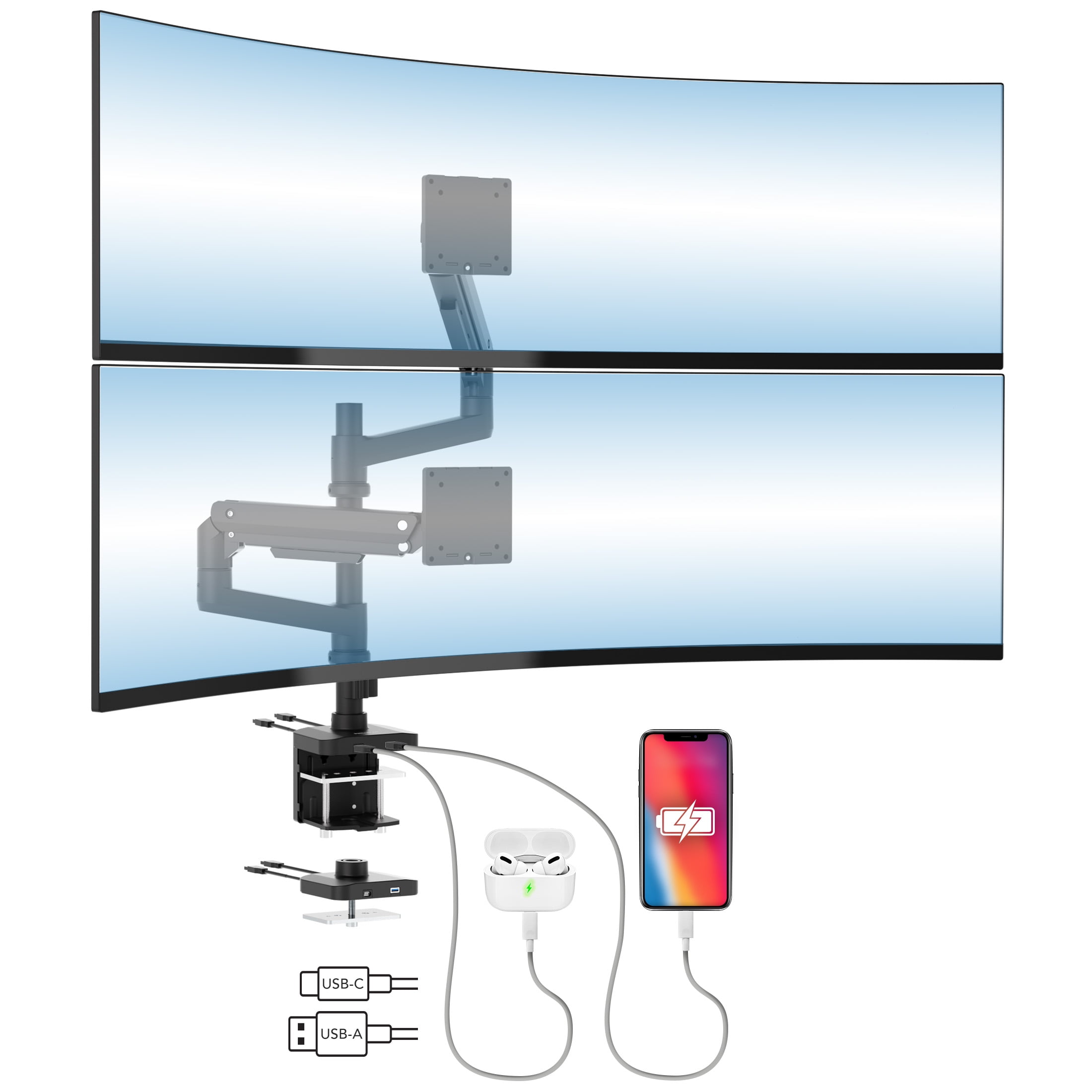 Heavy-Duty Dual Stacking Monitor Mount with Pole & Gas Spring Arms
