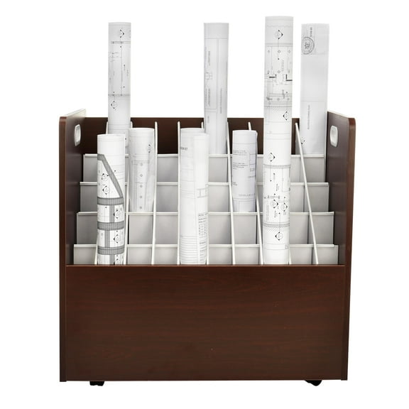 AdirOffice Blue Print Storage Organizer- Mobile Roll File Cart, Construction Plan Holders, Blueprint Cabinet with Wheels (50 Slots, Mahogany)