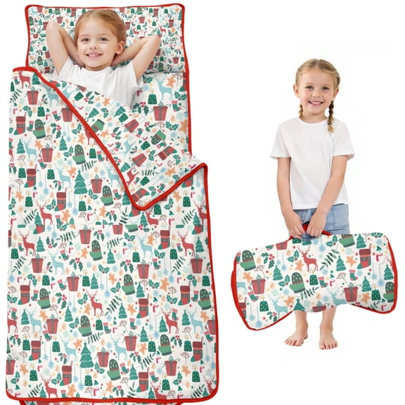 Christmas Gift and Deer Pattern Toddler Nap Mats for Kids Preschool,50"x20" Sleeping Mat Bag or Kids,Toddler Sleeping Bag,Toddler Nap Mat or Daycare