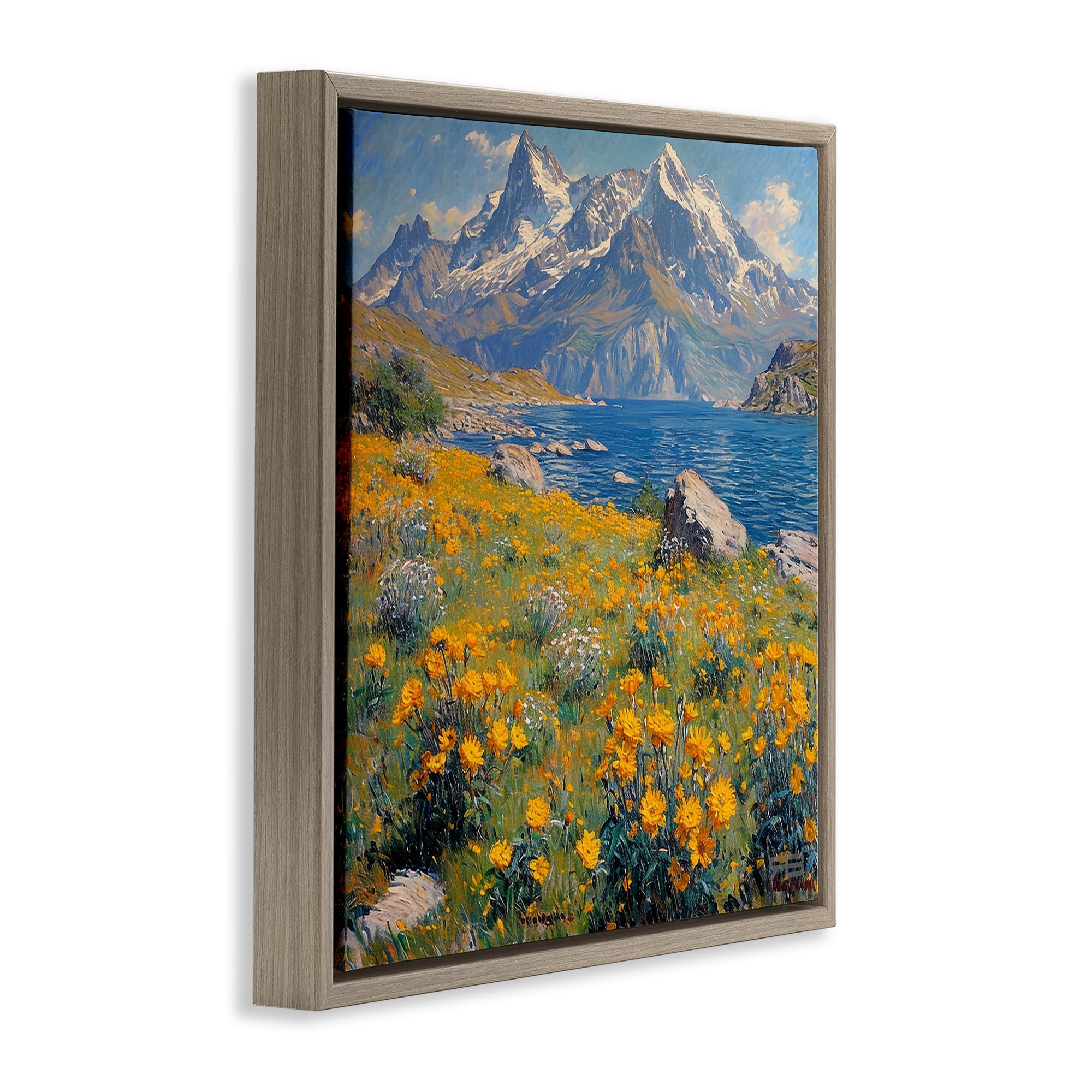 Stupell Industries Mountain Daisy Meadow Landscape & Nature Painting Brown Floater Framed Canvas Art Print Wall Art, 18 x 18