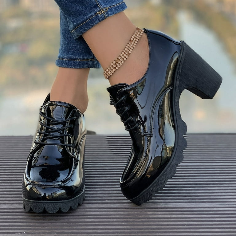 Wowcloth Lace-Up Chunky Heel Pumps for Women – Solid Color Design