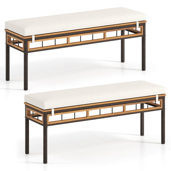 Costway 2PCS 48" Wicker Patio Bench with Acacia Wood Seat Removable Padded Cushion for Deck