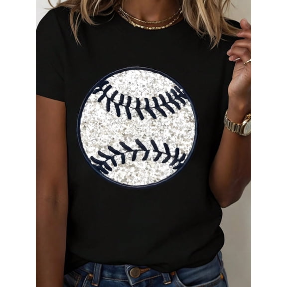 Baseball Sequin T Shirt With Sparkle Ball Design For Casual Wear And Sports Events,220g