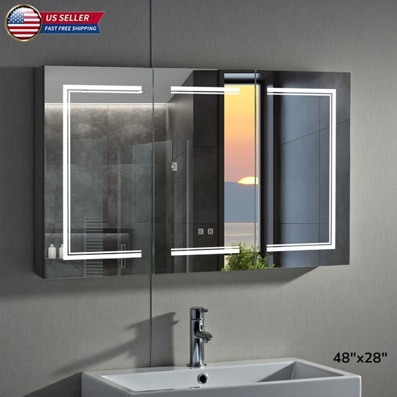 Hassch Wall Mount Bathroom Medicine Cabinet with Anti-Fog Mirror Doors and LED Lights, Built-in Power Outlets, Dimmable 3 Color Temp, Easy to Install, 48" x 28", Black