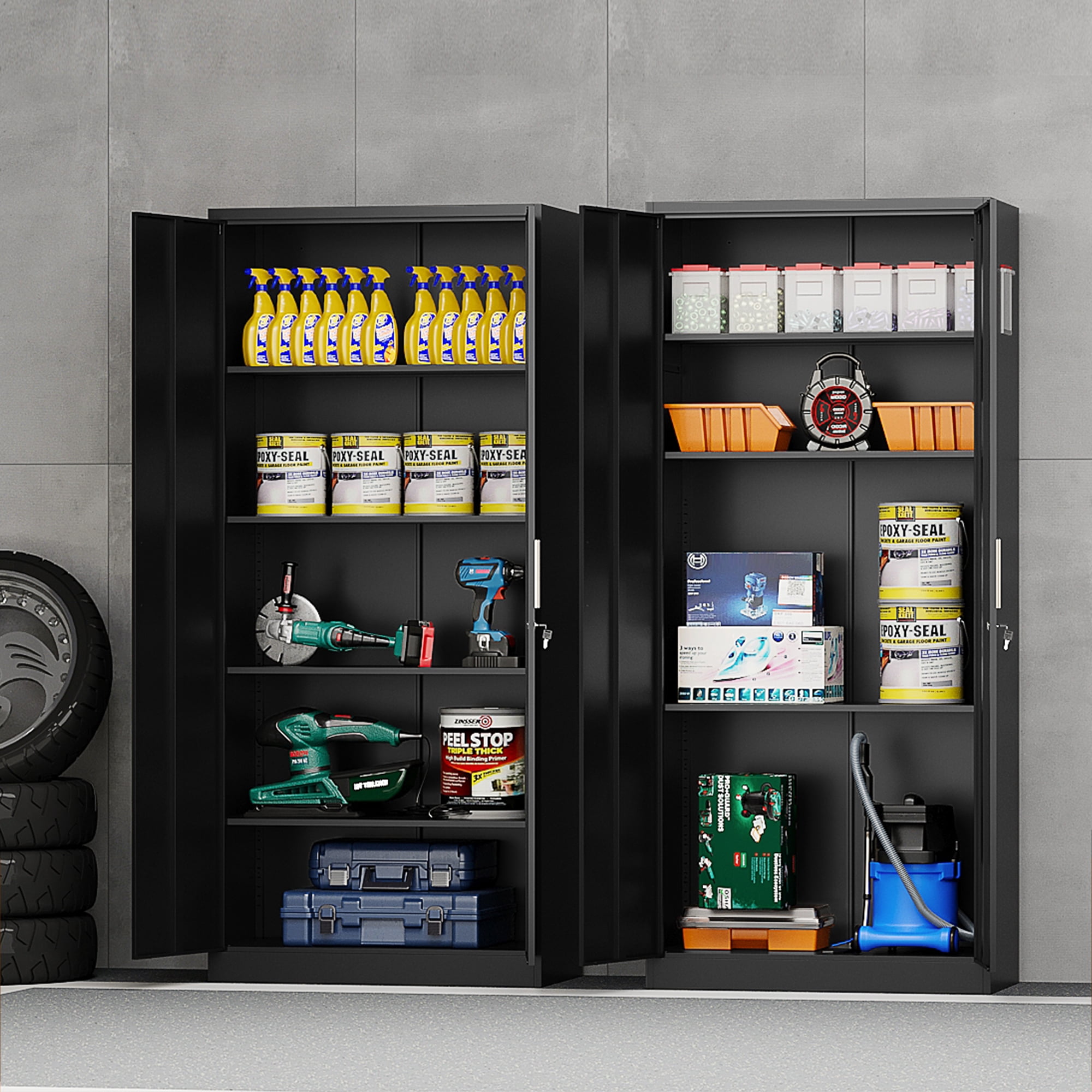 Fesbos Metal Garage Storage Cabinet with 2 Doors and 4 Adjustable Shelves, 71 Inches Tall Black Steel Locking Tool Cabinets for Office, Home, Garage, Gym, School, Warehouse