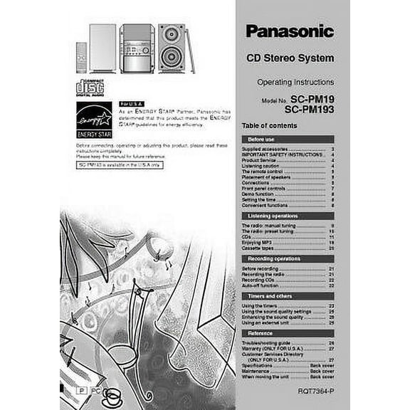 Panasonic SA-PM19 SA-PM193 CD Stereo System Owners Instruction Manual REPRINT