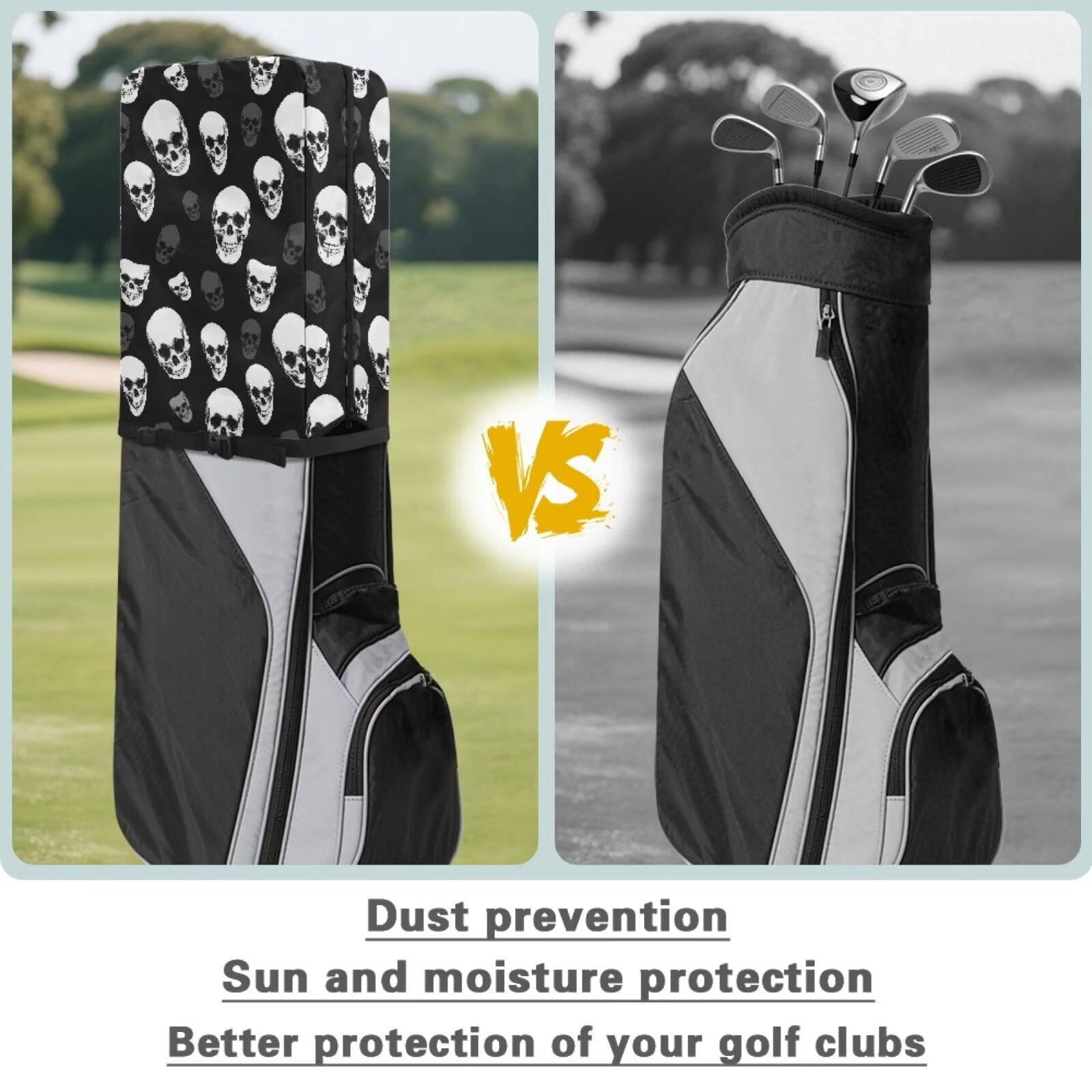 Chririnla Black Skull Fashion Golf Bag Rain Cover Waterproof Hood with Snap Button Dust & UV Protection Universal Fit for Most Tour Bags, Cart Bags & Stand Bags