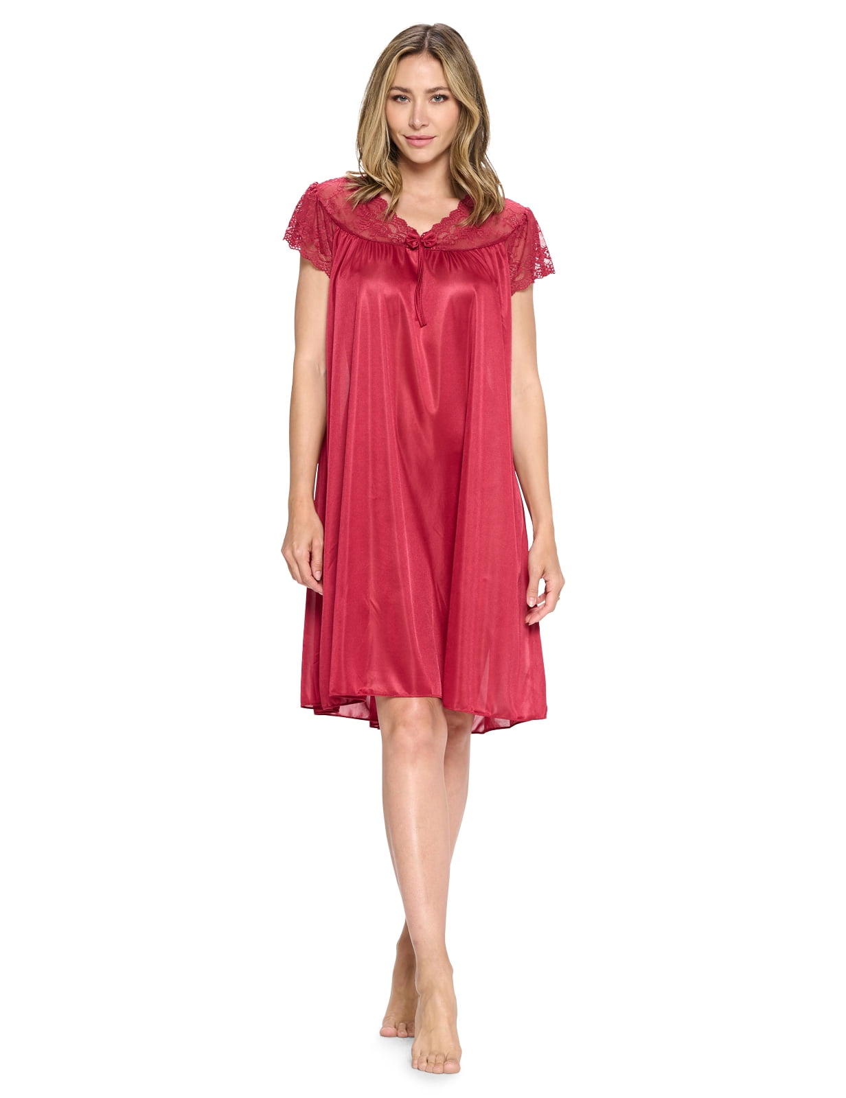 Casual Nights Women's Satin Embroidery Lace Short Sleeve Nightgown