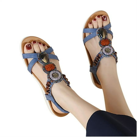 

SHENGXINY 2022 New Summer Women Bohemian Sandals Crystal Foam Non-slip Sandalias Mujer Elastic Band Strap Low Heels Rome Shoes Sandals