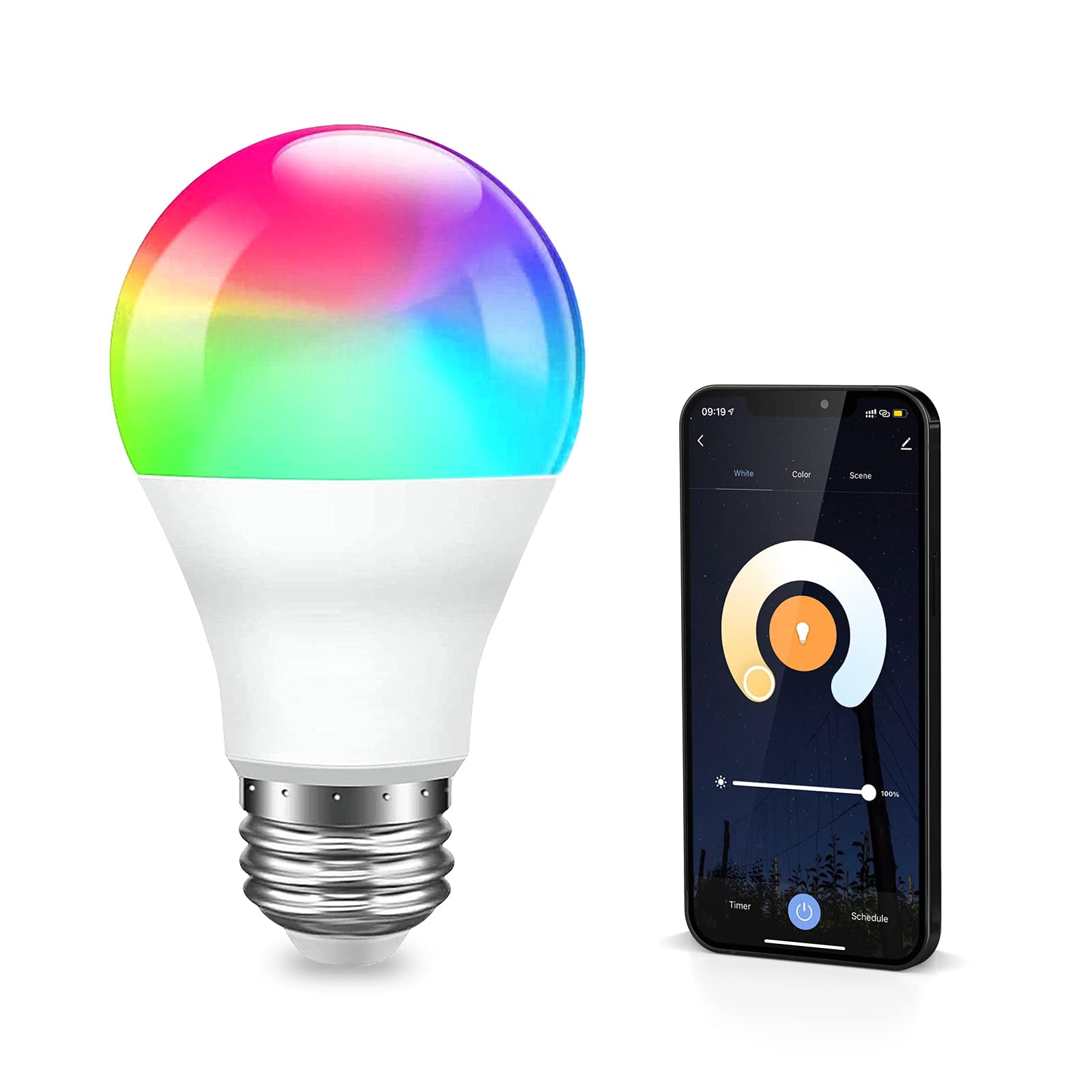 WiFi Light Bulb, Phopollo RGBW Color-changing Bulb, LED Bulb Compatible with Alexa Google Home(1 Pack 800LM A19 E26 9W) - Walmart.com