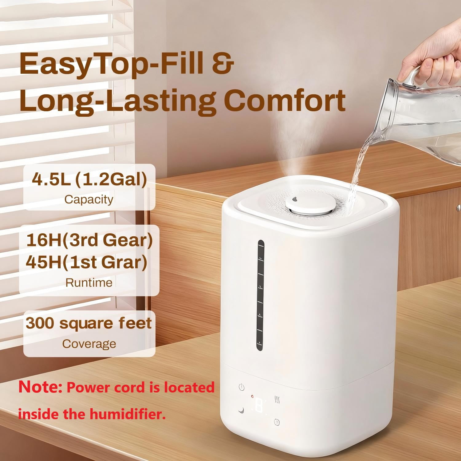 Behome Top Fill Humidifiers for Bedroom, 4.5L Water Tank, 3 Modes, Timer & Oil Diffuser, Quiet Cool Mist Air Humidifier for Home, Plants, Indoor