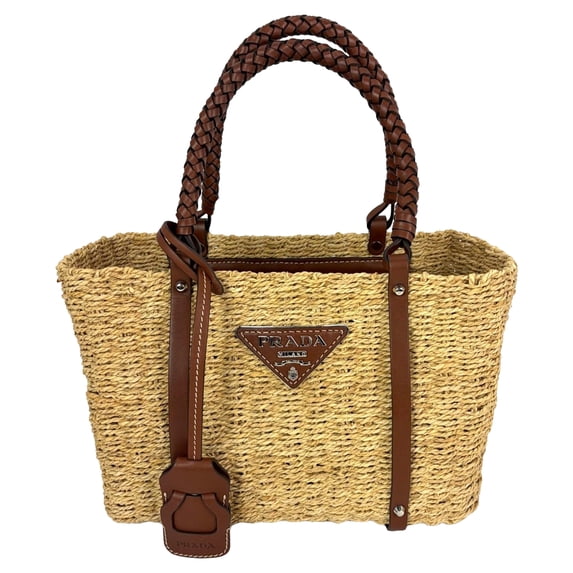 Pre-Owned Prada Palmetto Vitello Woven Raffia Naturale Tote Bag