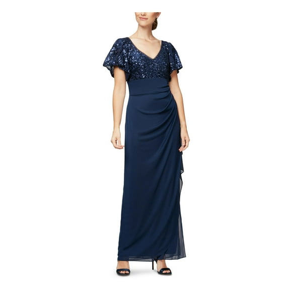 ALEX EVENINGS Robe de Soirée pour Femmes Bleu Marine Froncée Ornée en Dentelle à Manches Courtes Col en V Longueur Complète Taille Empire Petites 6P