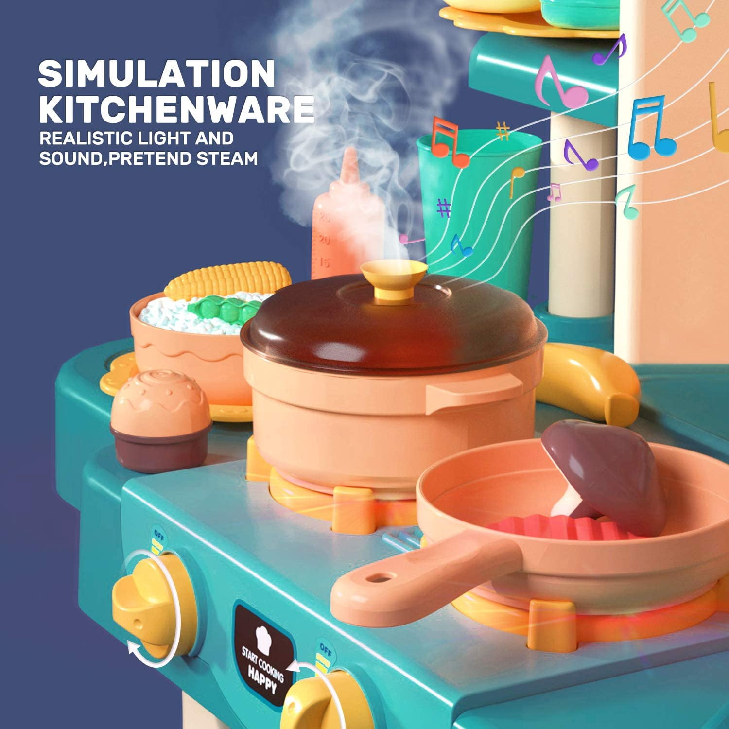 93PCS Kids Kitchen Playset,Play Kitchen Toy with Realistic Lights & Sounds,Pretend Steam,Play Sink & Oven,Color Changing Play Food,Menu Board & Other Kitchen Accessories Set for Toddlers