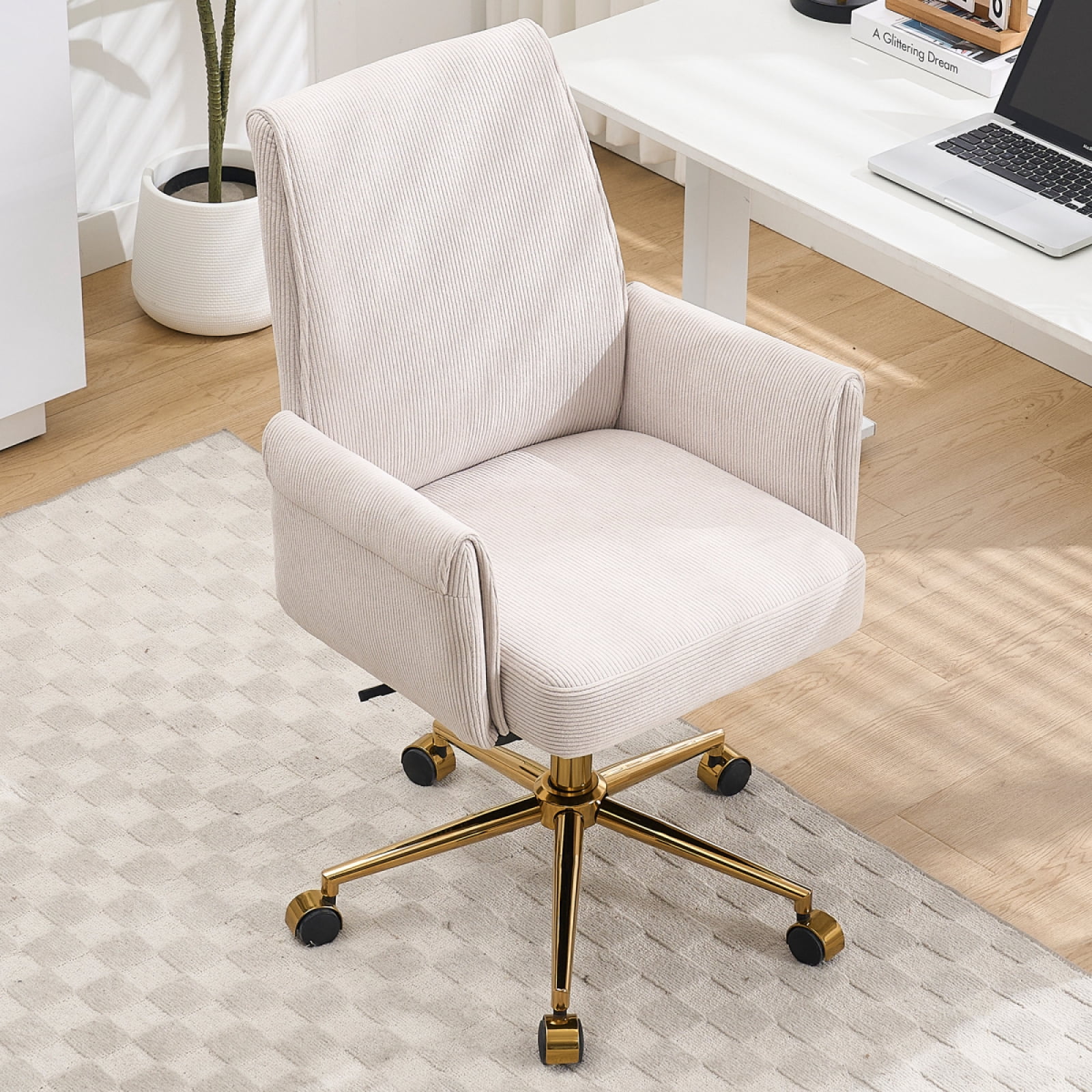 Stripes Corduroy 360° Swivel Desk Chair, Gold Base Adjustable Height Home Office Armchair with Wheels, Ergonomic Mid-Back Comfy Computer Chair for Home Study Living Room Bedroom, White
