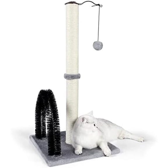 Tall Cat Scratching Post with Arch Self Groomer Massager, 32" Scratching Post for Indoor Cats from Kitten to Adult Cats, Stable Sisal Cat Post with Extra Interactive Dangling Plush Toy