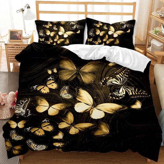 YJHDM Butterfly Duvet Cover Set King Queen Twin Full Size Black Gold Butterflies Black Background for Kid Boy Polyester Bedding Set